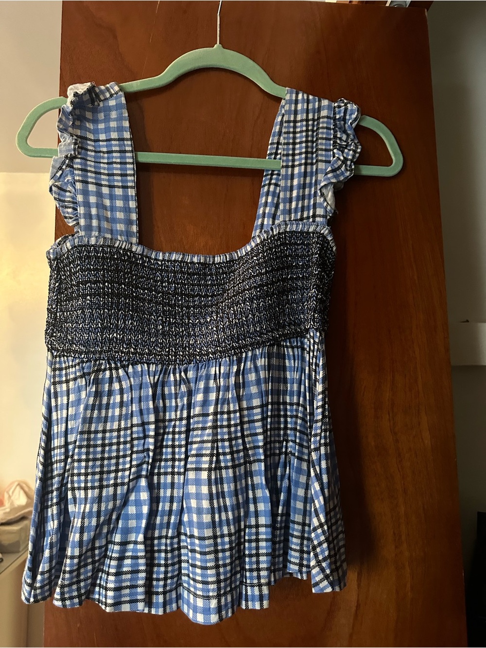 Urban Outfitters Blue Gingham Smocked top